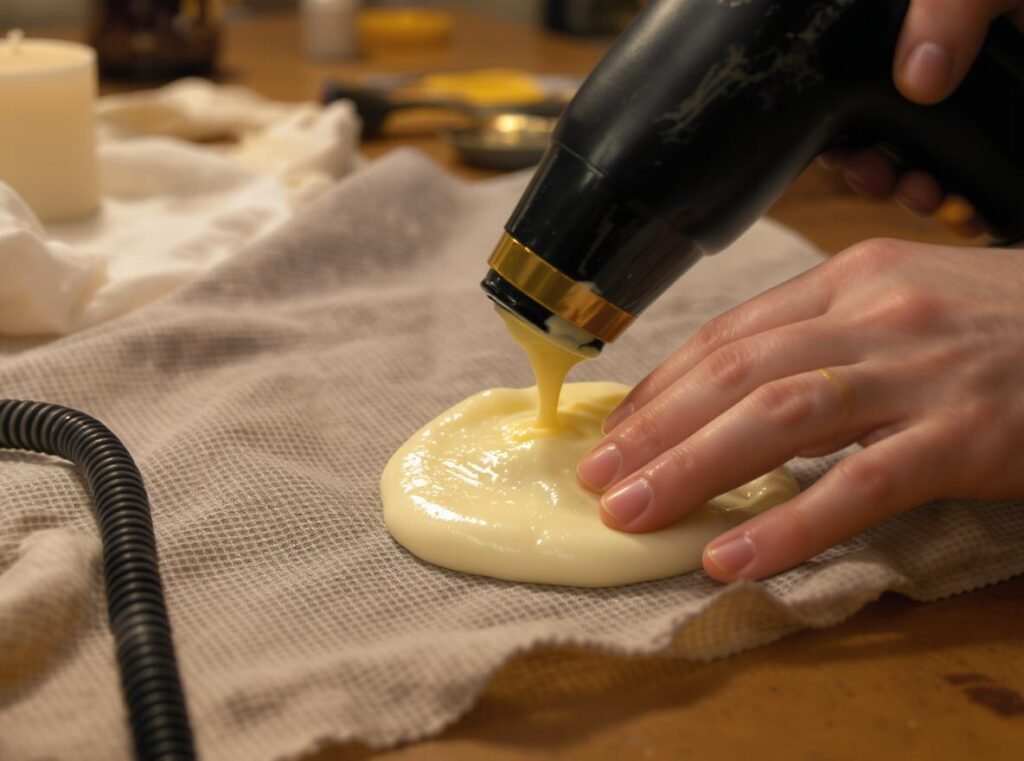 Hair dryer softening hot glue on fabric showing flexibility and texture changes