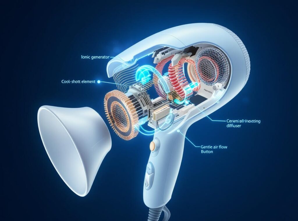 Hair dryer components showing ionic technology and ceramic heating for post-surgery recovery