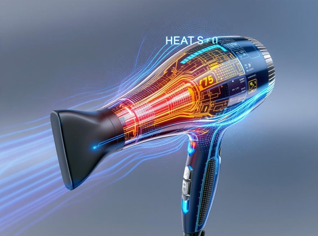 Professional hair dryer showing ionic technology and multiple heat settings for monsoon use