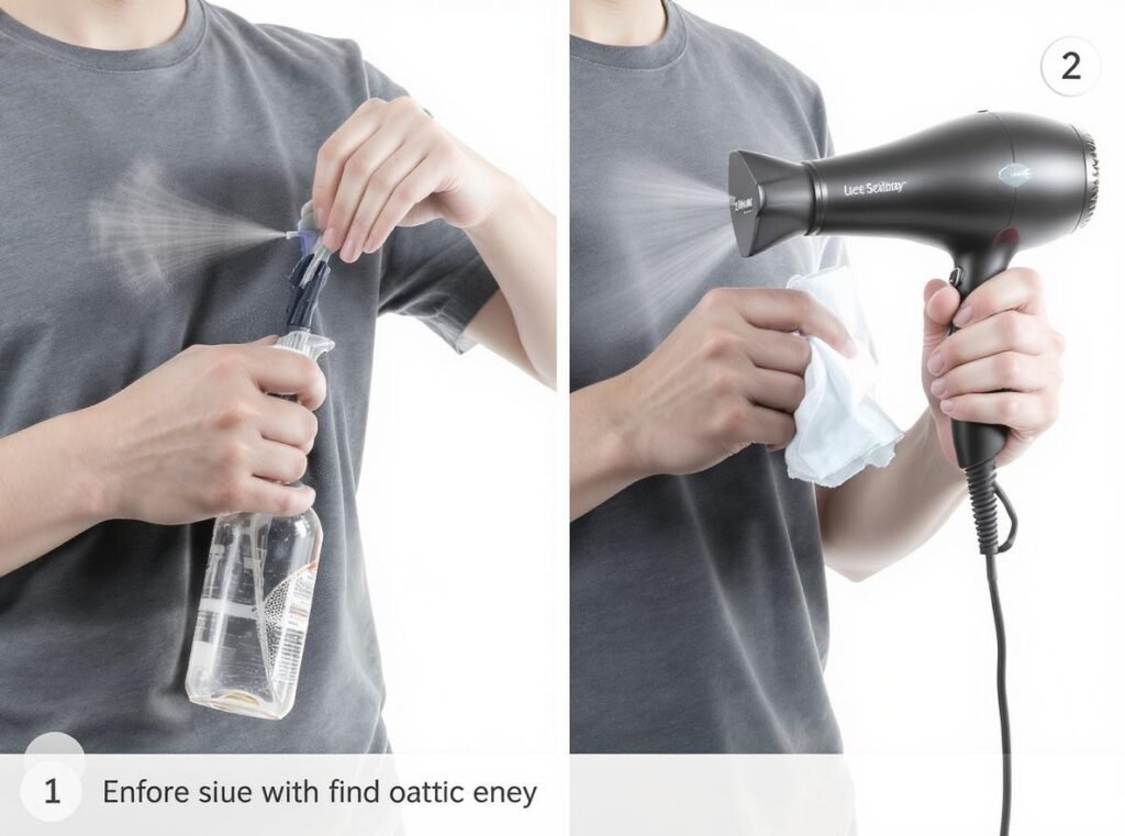 Step-by-step demonstration of hair dryer wrinkle removal technique