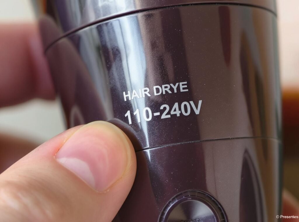 Hair dryer dual voltage label showing 110-240V specifications