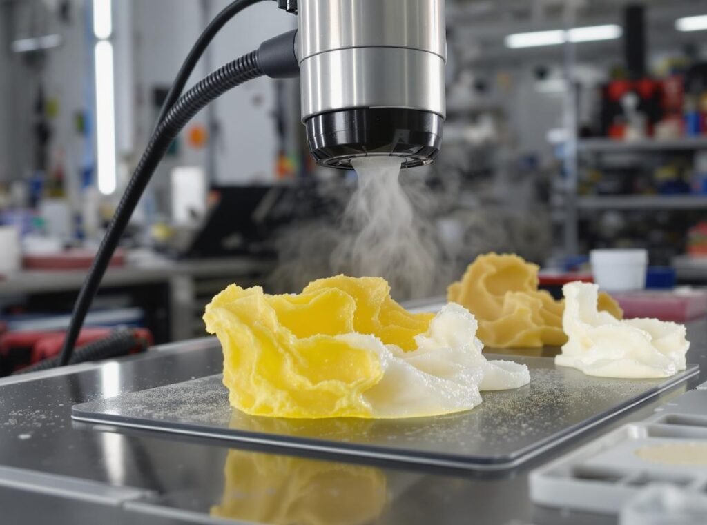 Resin 3D prints drying with hair dryer before UV curing process