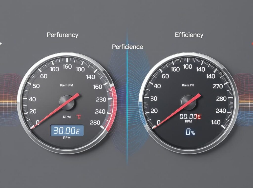 Performance comparison chart showing RPM, efficiency, and noise levels between AC and BLDC motors