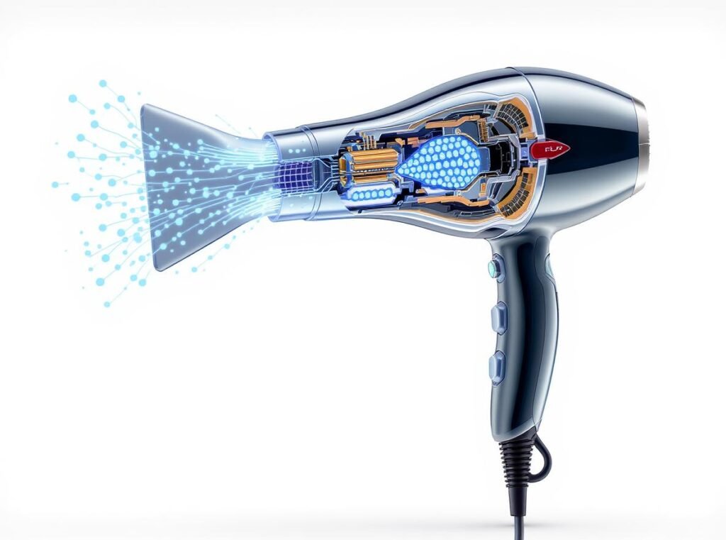 Ionic hair dryer technical diagram showing negative ion generator and hair cuticle sealing process