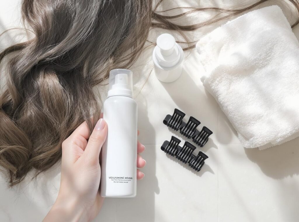Hair preparation products and tools for curtain bangs styling including heat protectant and clips