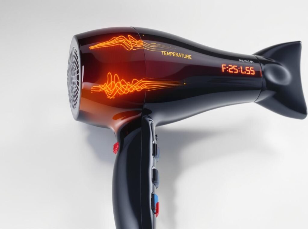 Digital temperature control display showing optimal heat settings for hair dryer use