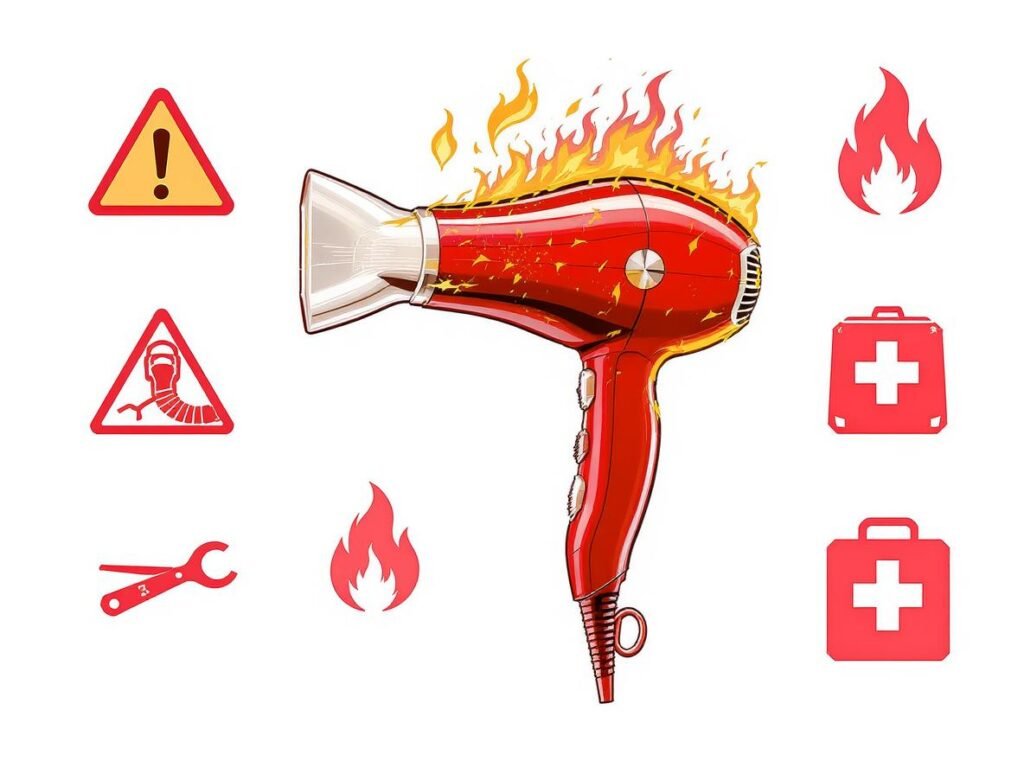 Safety warning symbols showing burn risks from using hair dryers for pest control