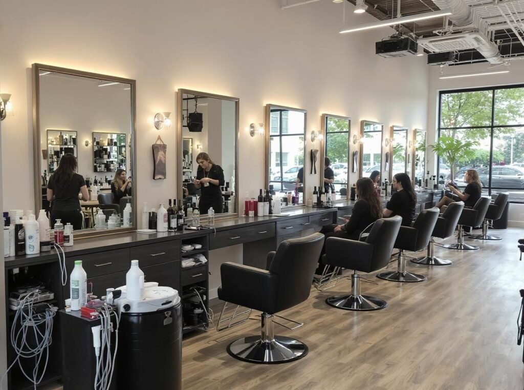 Busy hair salon with professional equipment and multiple styling stations