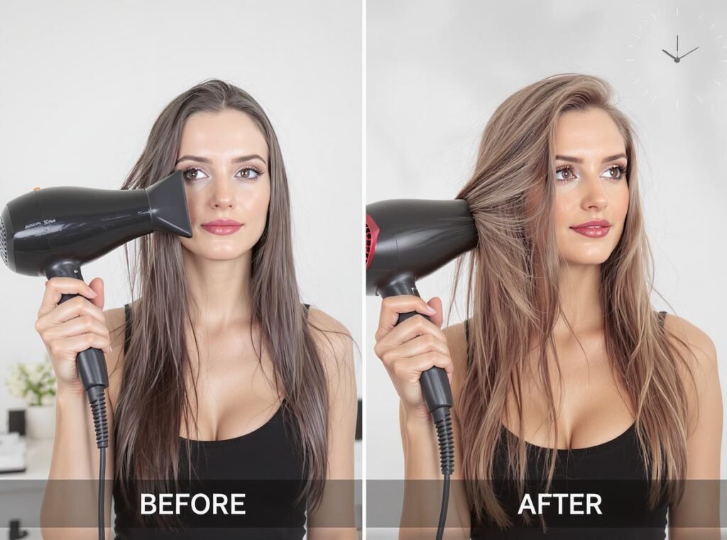 Time comparison showing high-speed hair dryer drying hair faster than traditional dryer