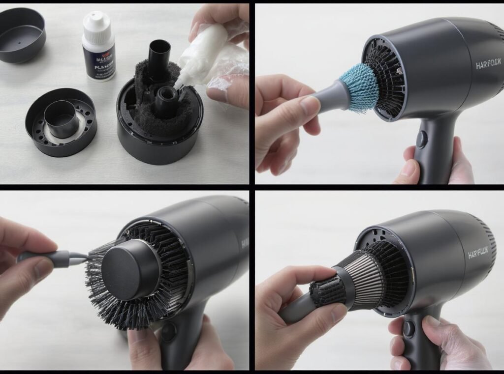 Hair dryer cleaning process showing filter removal and maintenance tools