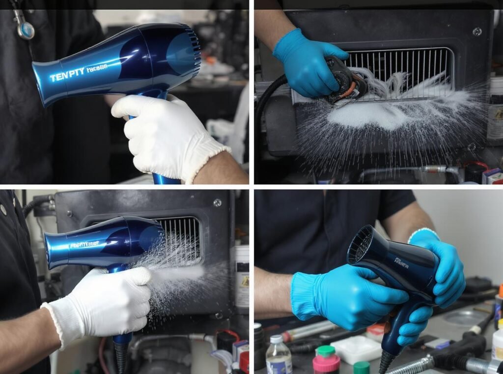 Professional cleaning hair dryer air vents with compressed air for fire prevention