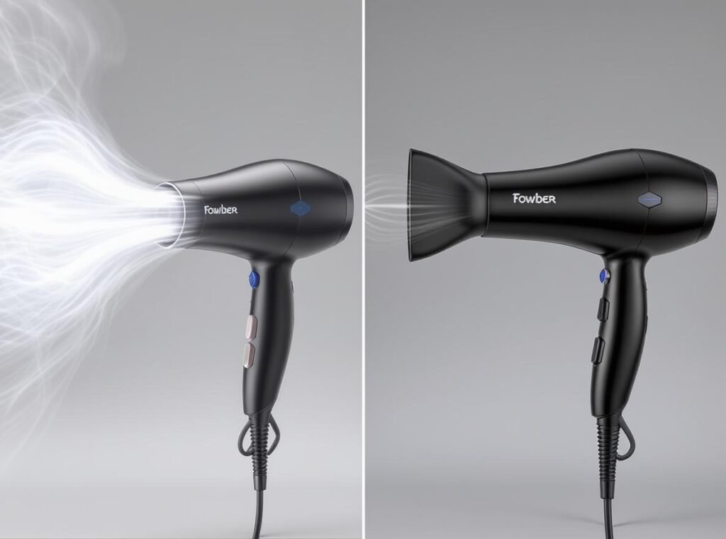 Performance comparison between AC and DC motor hair dryers showing airflow differences