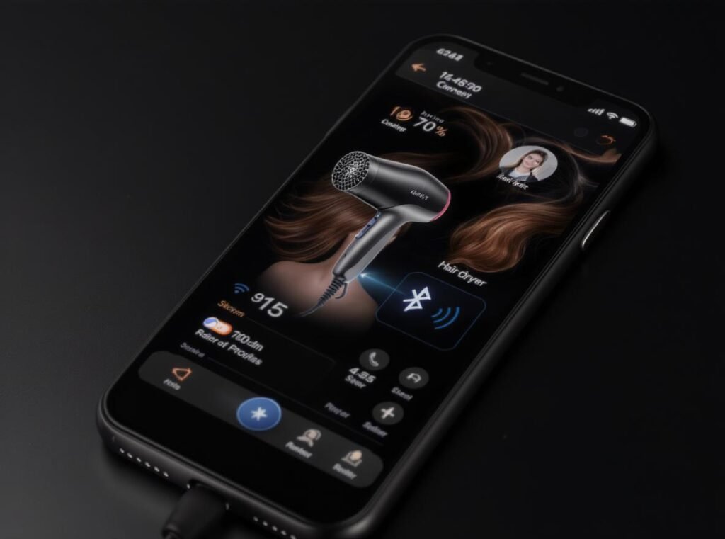 App-connected hair dryer with smartphone integration for personalized styling recommendations