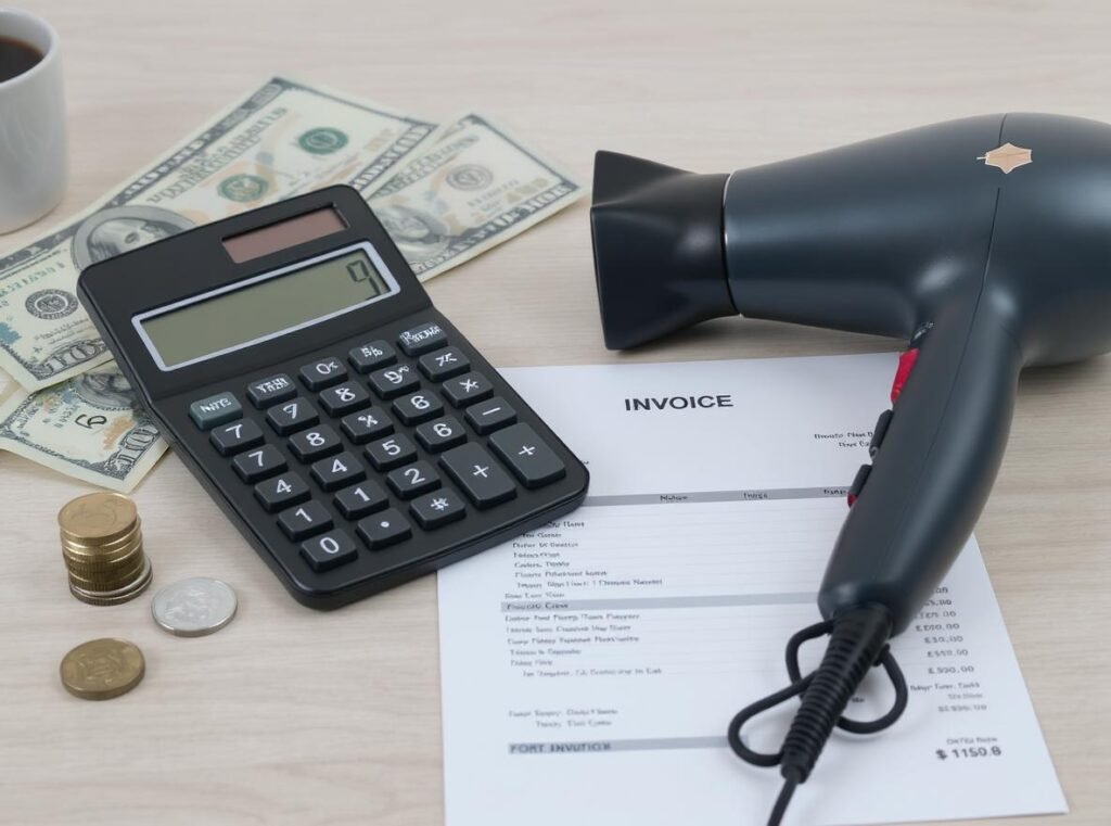 Calculator with money and hair dryer parts showing repair cost analysis