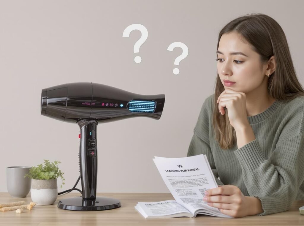Price comparison showing higher cost of infrared hair dryers versus traditional models with woman considering purchase