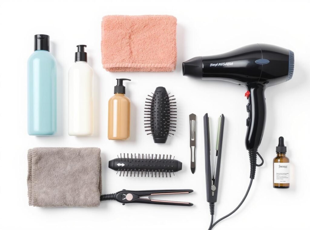Complete hair styling tools and products arranged in correct order