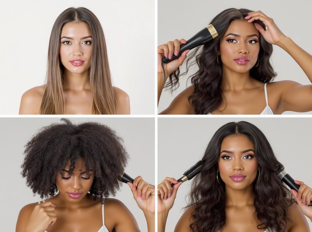 Professional stylist using traditional hair dryer with round brush for powerful drying
