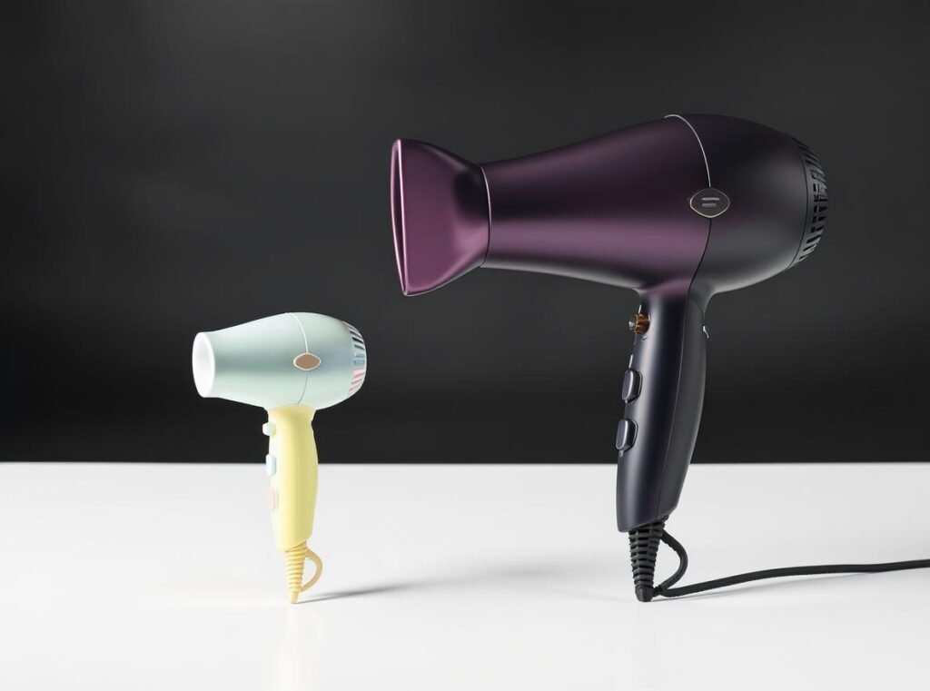 Size comparison between compact child hair dryer and standard adult model