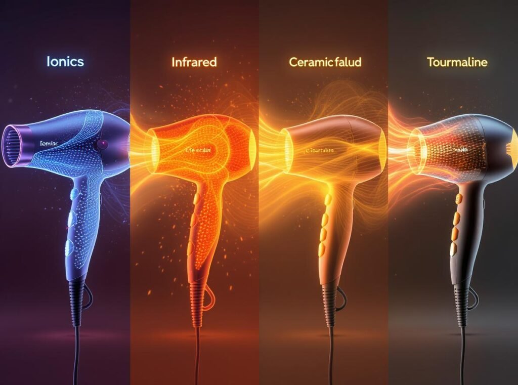 Comparison of hair dryer technologies including ionic, ceramic, infrared, and tourmaline