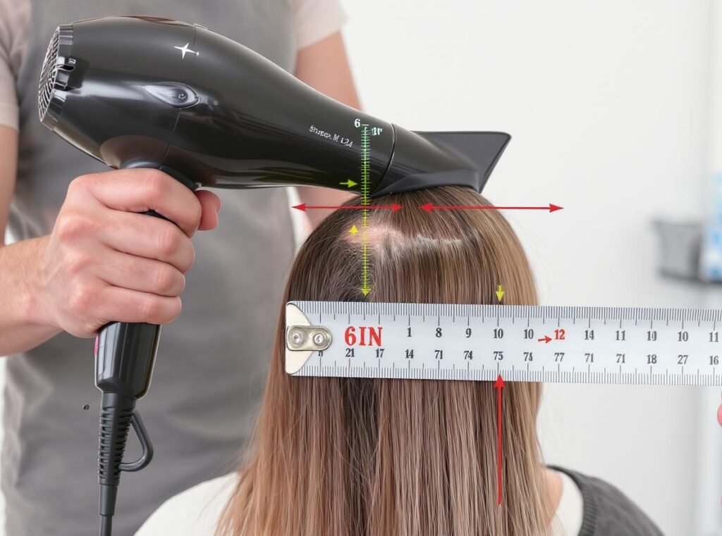 Professional demonstration of proper hair dryer distance showing 6+ inches for reduced EMF exposure