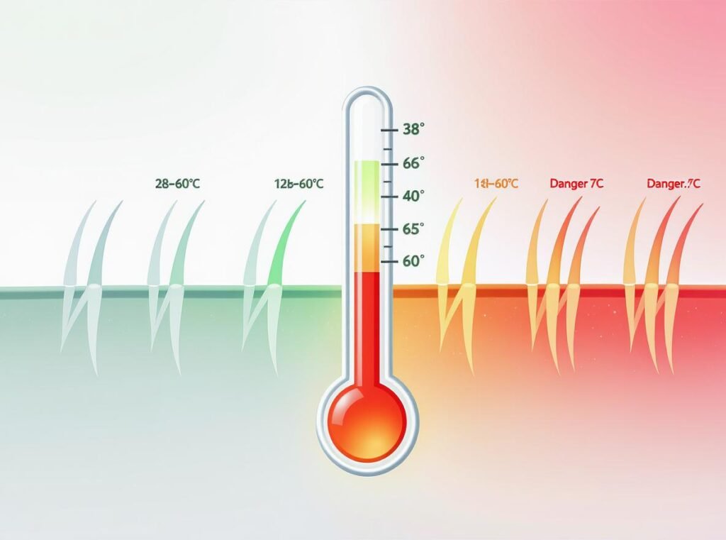 Temperature safety chart showing safe 38-60°C range for children's hair