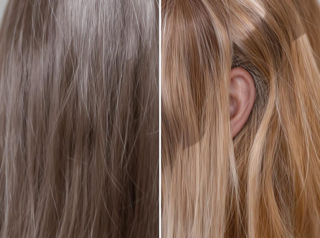 Before and after comparison showing warning signs of heat damage including split ends and hair brittleness