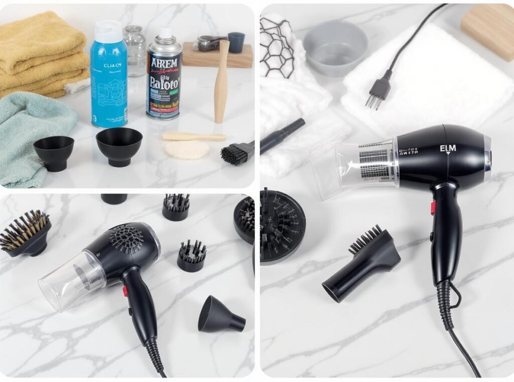 Hair dryer cleaning process with tools and disassembled parts for maintenance