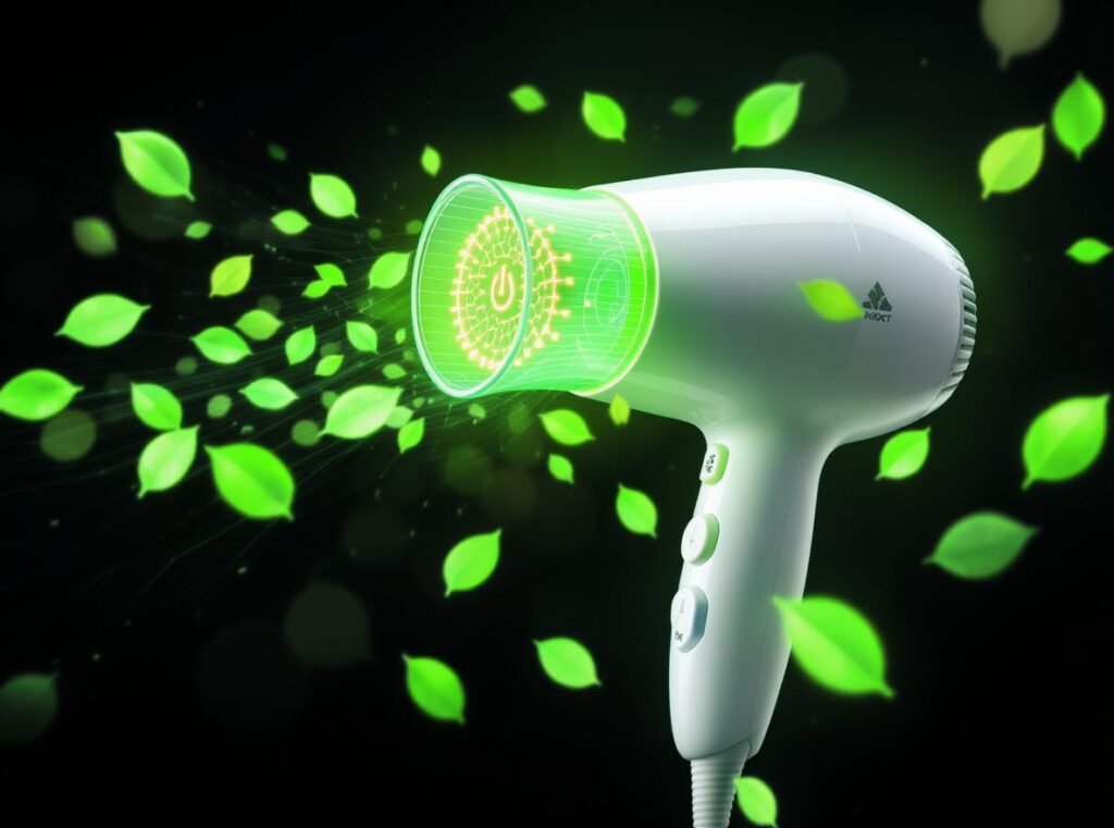 Energy-efficient moisture-sensing hair dryer with green technology symbols