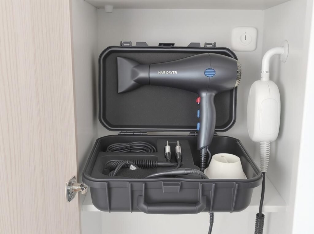 Proper hair dryer storage methods including protective case and cord management