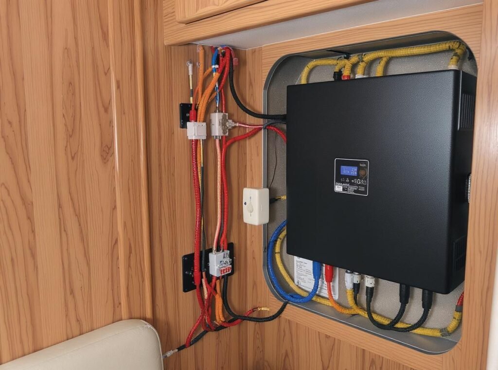 RV battery system with inverter installation for hair dryer power