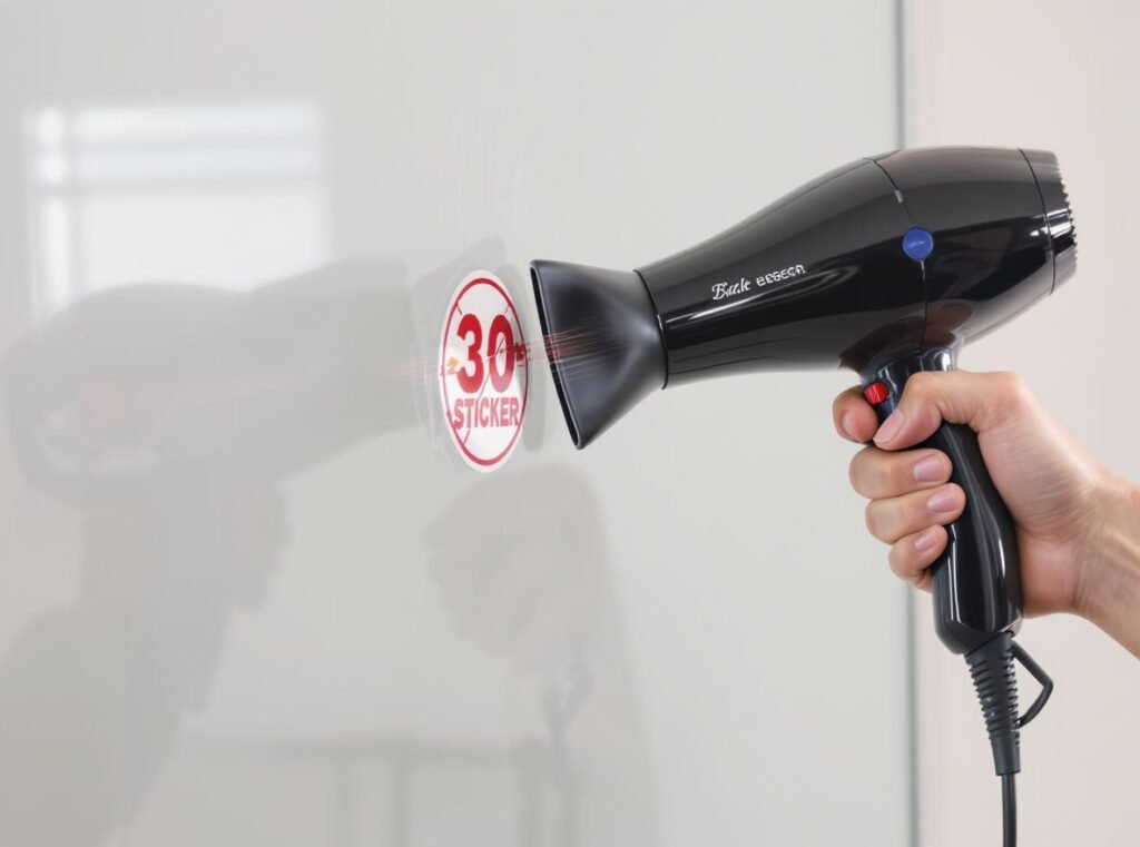 Step-by-step hair dryer sticker removal technique demonstration