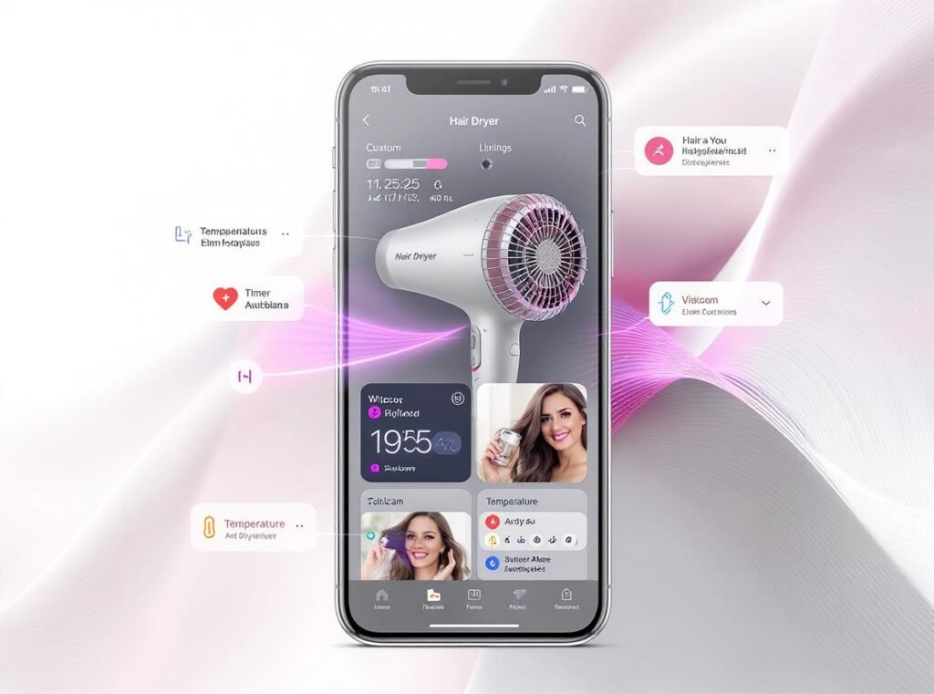 Smart hair dryer mobile app interface showing custom settings and controls