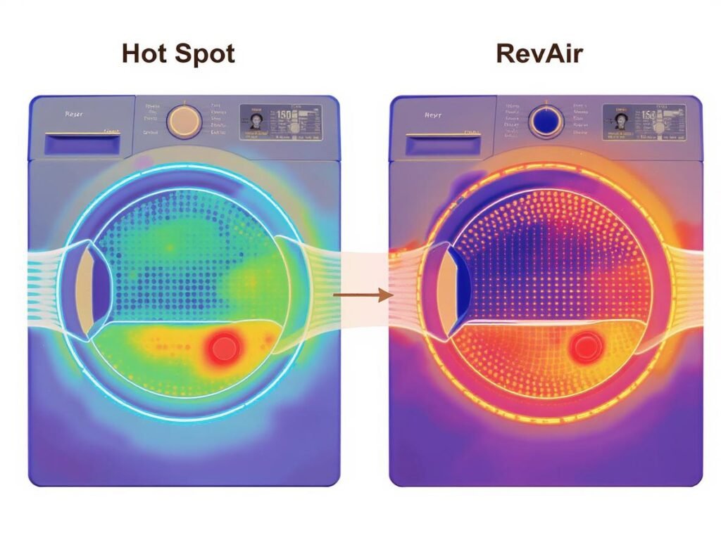 Heat distribution comparison showing RevAir even temperature control versus traditional dryer concentrated hot spots