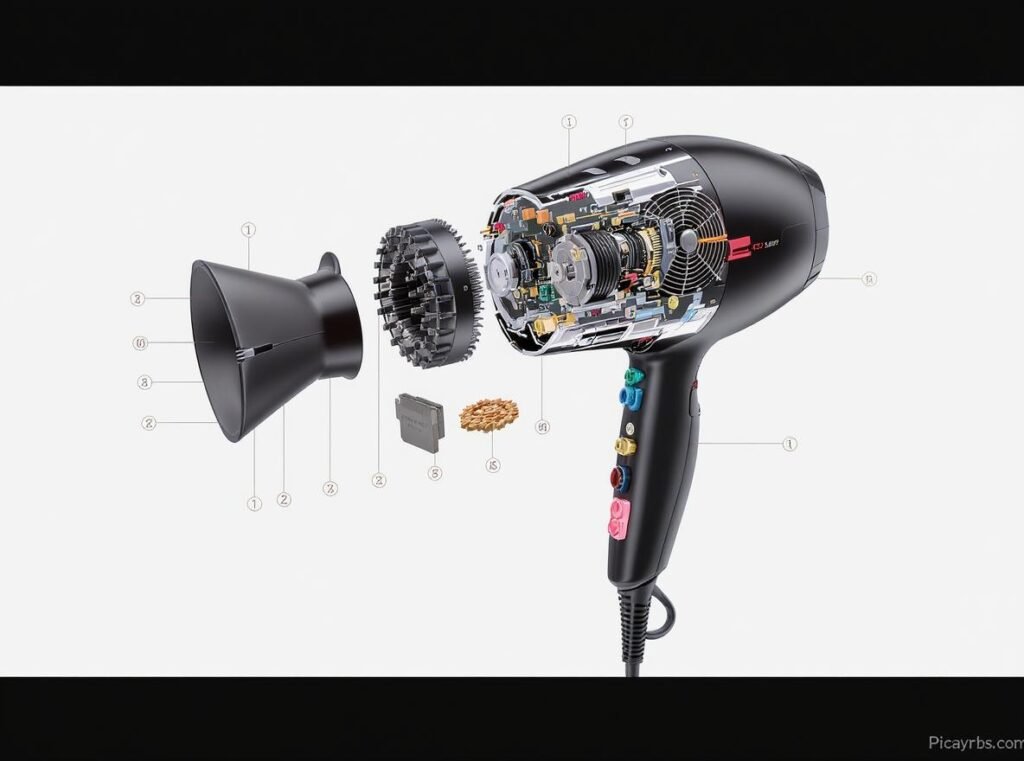 Hair dryer features diagram showing ionic technology and temperature control components