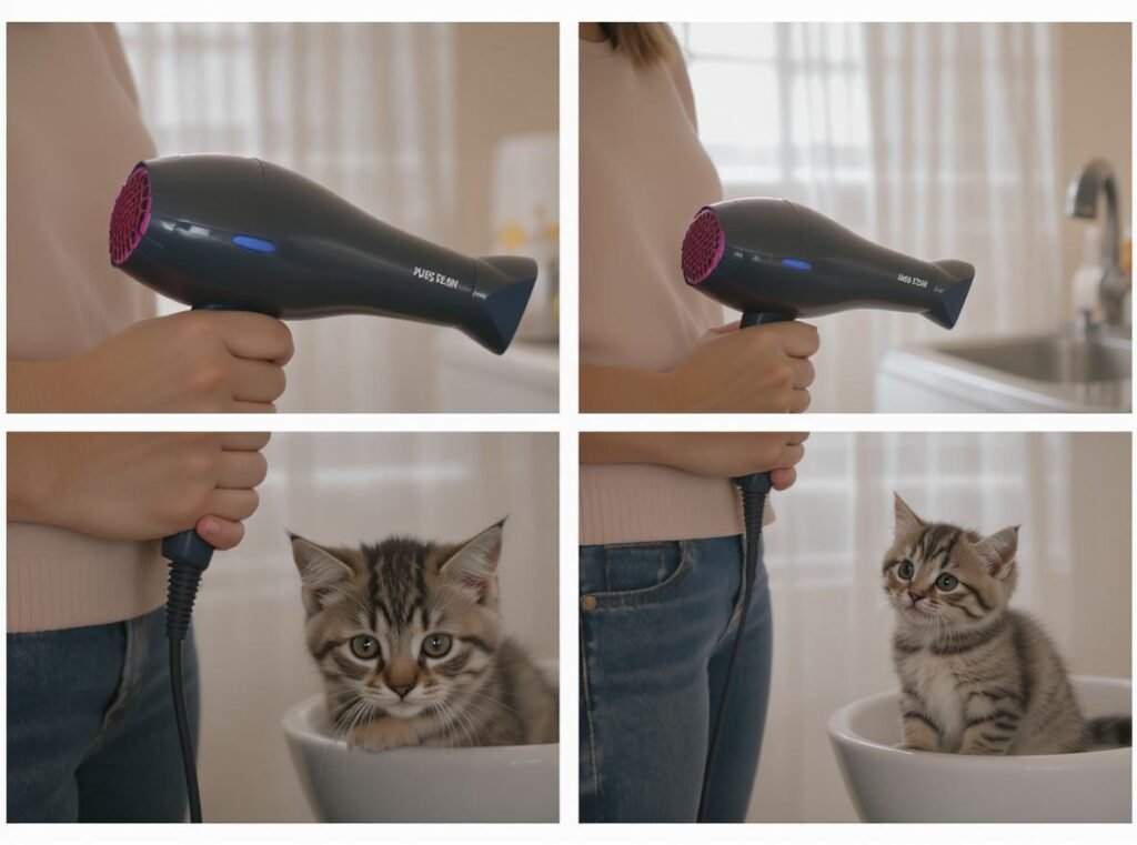 Demonstration of safe hair dryer technique with kitten at proper distance