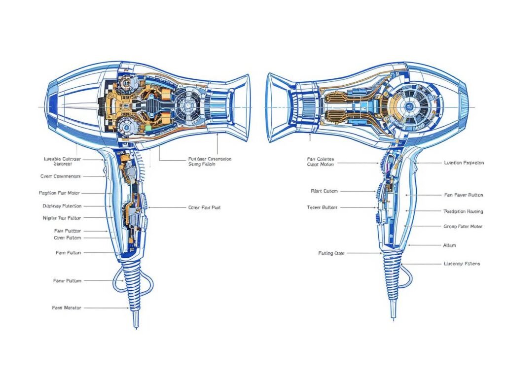 Technical build quality comparison showing internal components of professional hair dryers