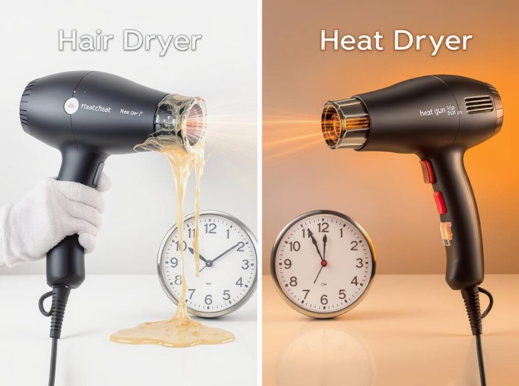 Hair dryer limitations compared to heat gun for hot glue removal effectiveness