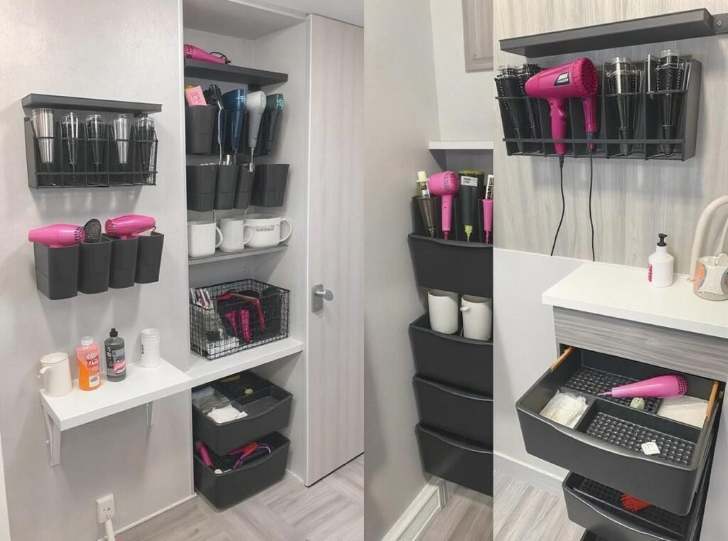 Different hair dryer storage locations including wall mounts and cabinet storage