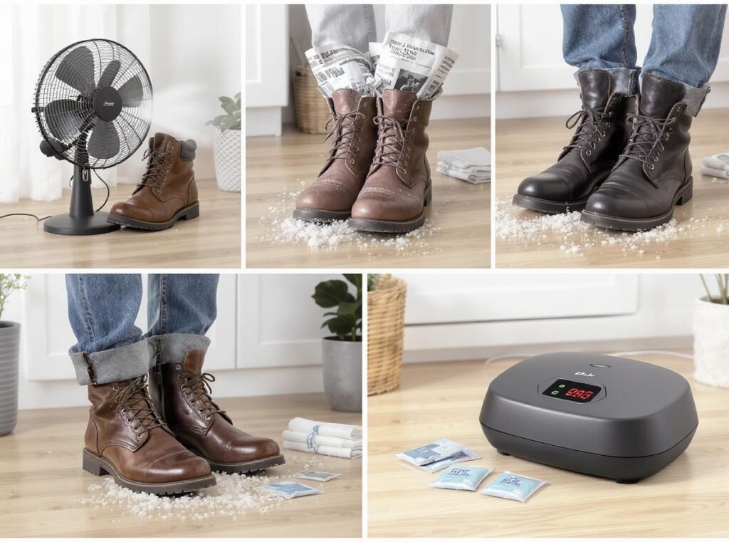 Safe shoe drying alternatives including fans, newspaper, electric dryers, and silica gel
