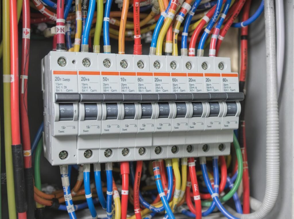 Electrical panel showing 15-amp and 20-amp circuit breakers for hair dryers