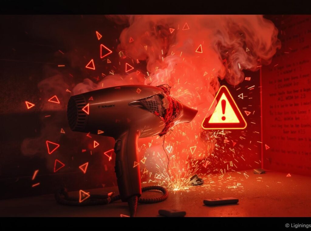 Hair dryer damage from incorrect voltage usage warning