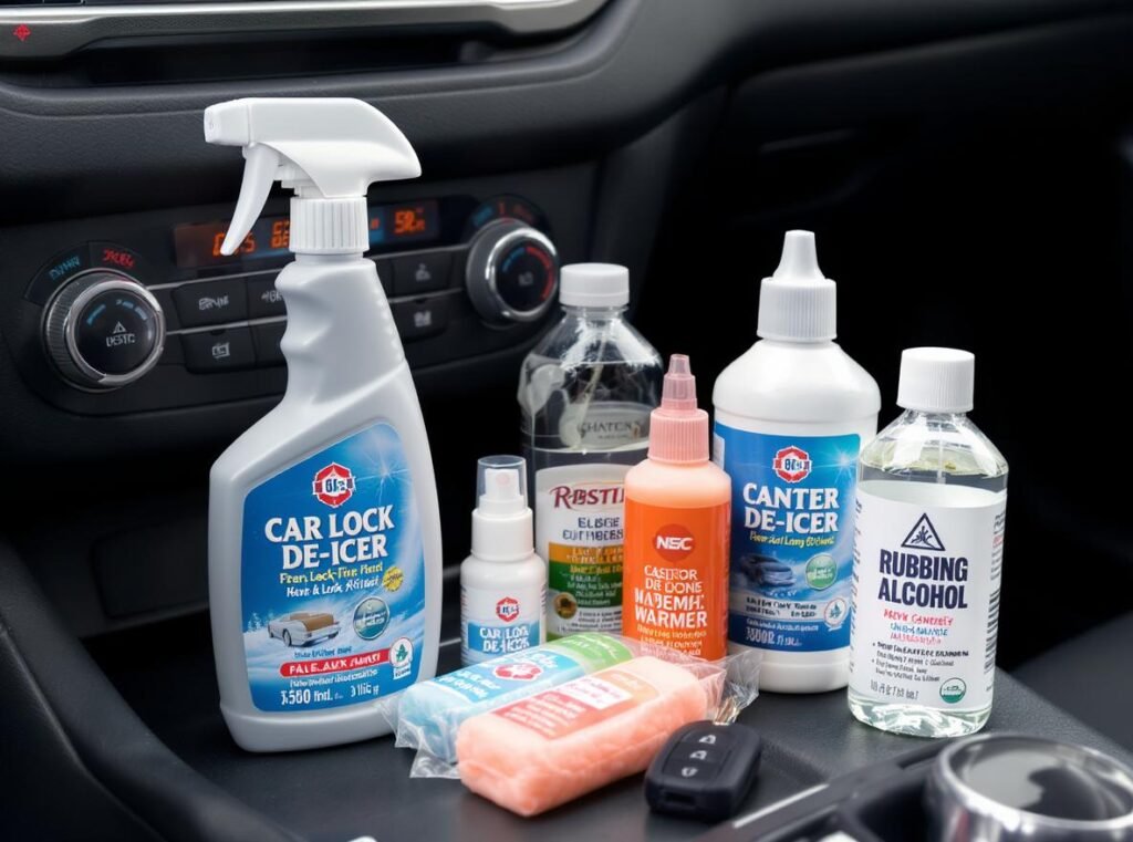 Collection of car lock de-icer alternatives including spray bottles and rubbing alcohol