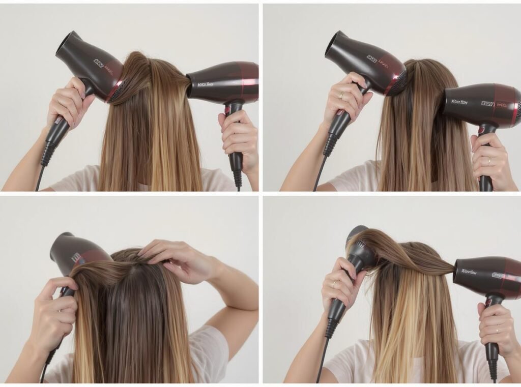 Step-by-step demonstration of alternating technique for blow-drying curtain bangs