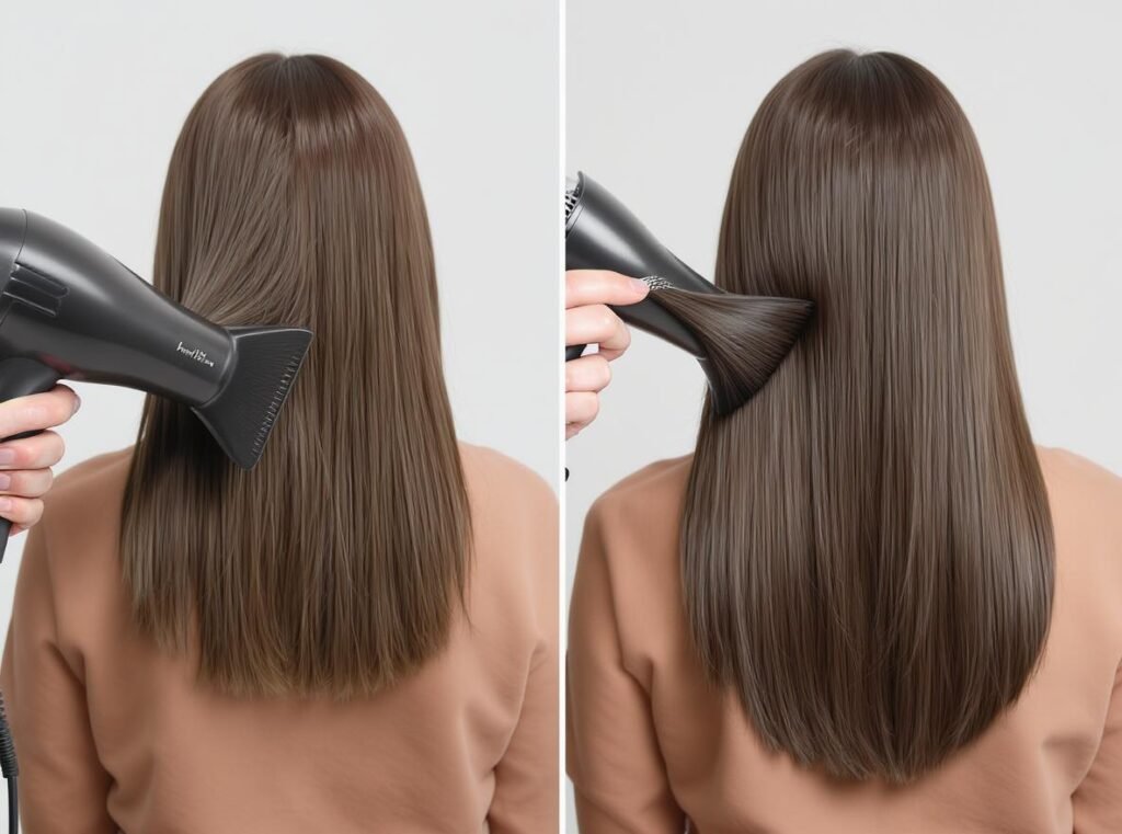Hair styling results comparison showing professional hair dryer effectiveness