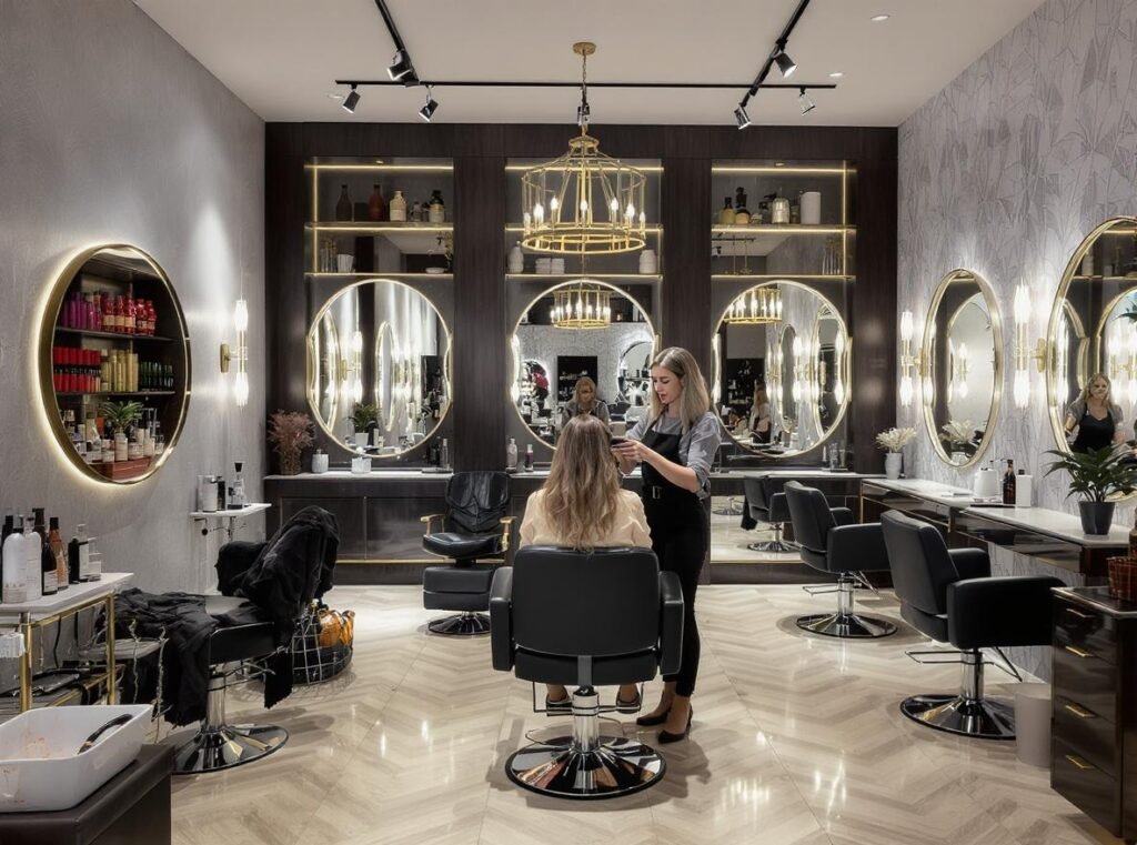 Professional hair stylist using premium hair dryer in salon
