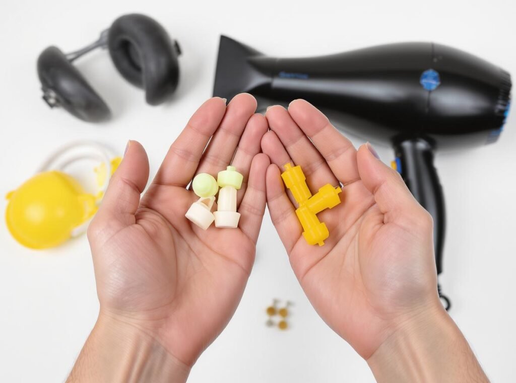 Hearing protection equipment for hair dryer use including earplugs