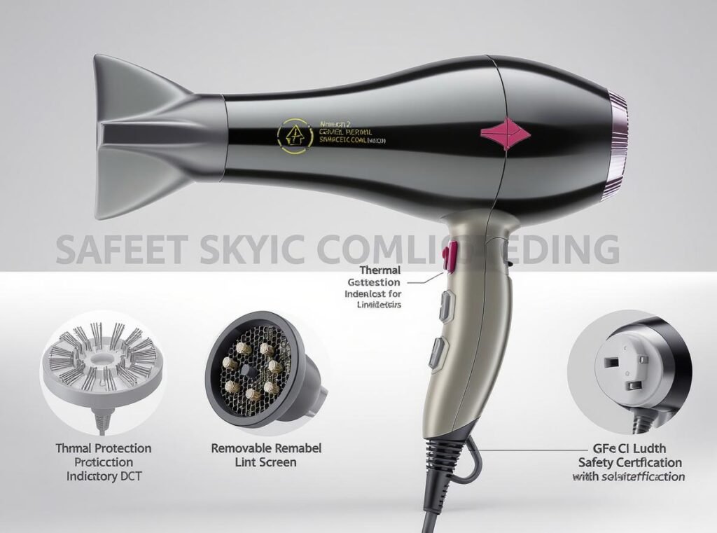 Professional hair dryer with thermal protection and safety features highlighted
