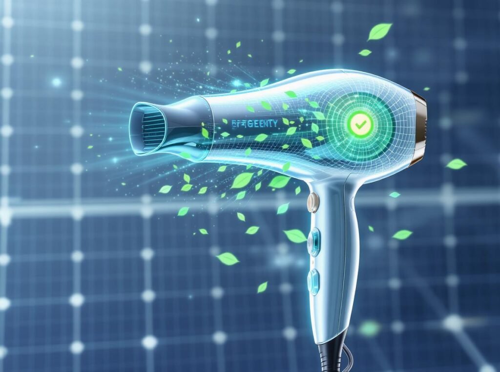 Energy-efficient hair dryer with eco-friendly features and green technology symbols