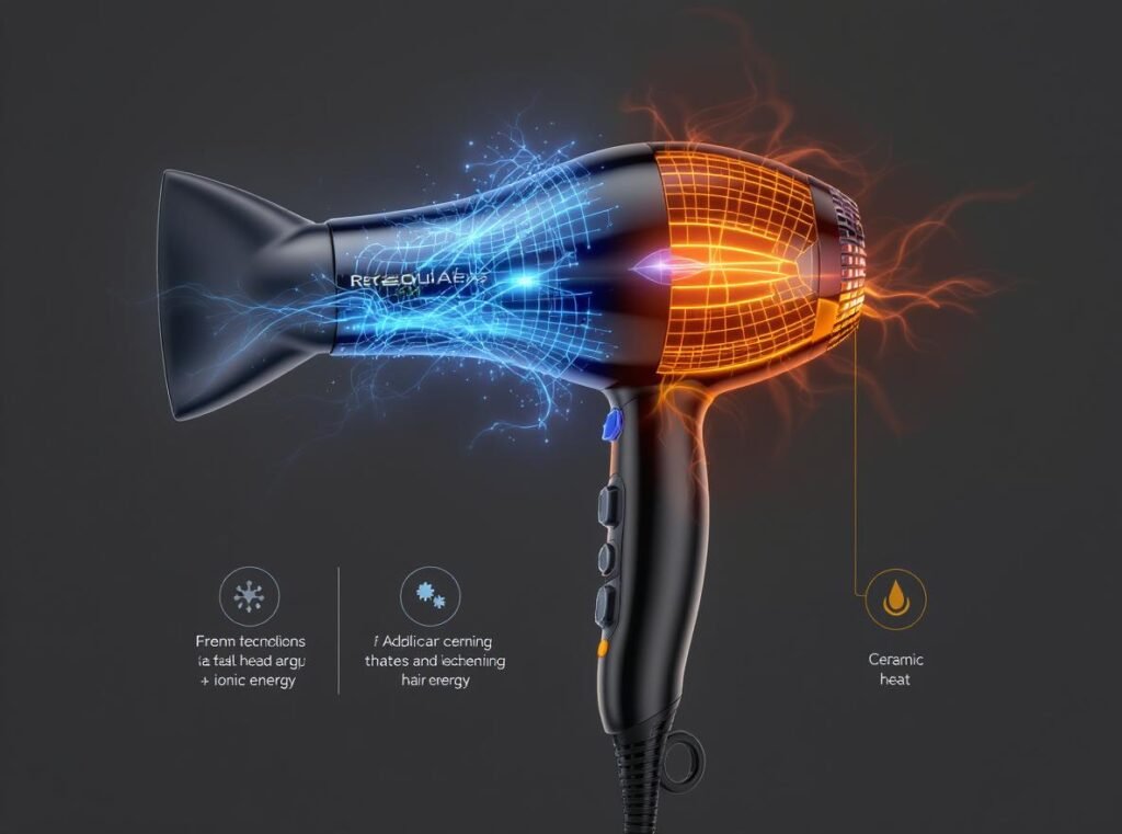 Hybrid hair dryer combining ionic and ceramic technologies