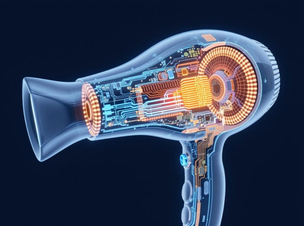 Advanced hair dryer features showing ceramic heating elements and multi-sensor technology